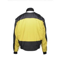Used Axo Ventura vintage-style jacket in yellow and black textile with removable arms, reflectors, and trousers clips. Shows minor aging marks.