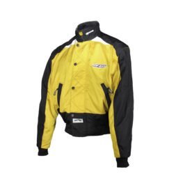 Used Axo Ventura vintage-style jacket in yellow and black textile with removable arms, reflectors, and trousers clips. Shows minor aging marks.