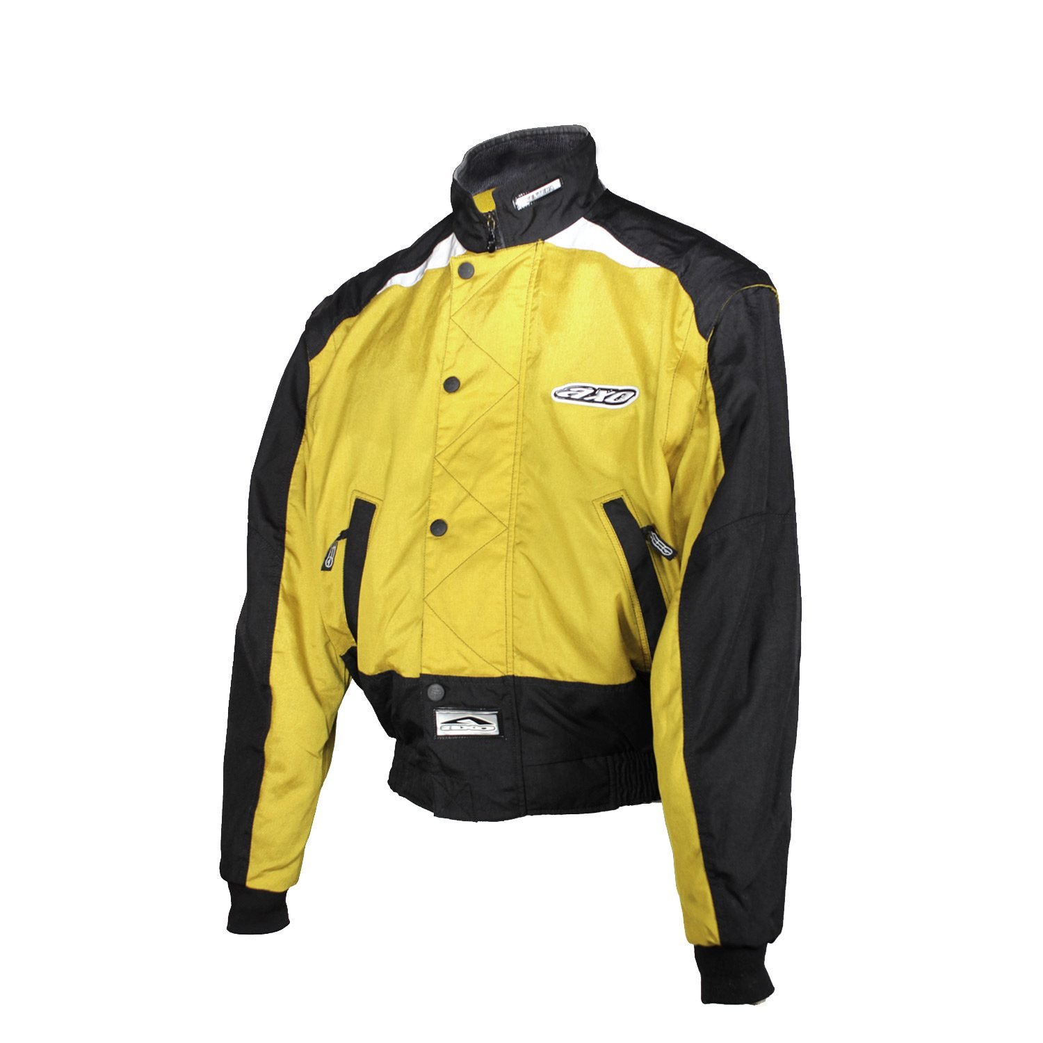 Used Axo Ventura vintage-style jacket in yellow and black textile with removable arms, reflectors, and trousers clips. Shows minor aging marks.