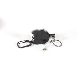 A heavy-duty retractable badge holder with a belt clip and keyring, shown attached to a fishing vest, highlighting its compact reel and durable construction.