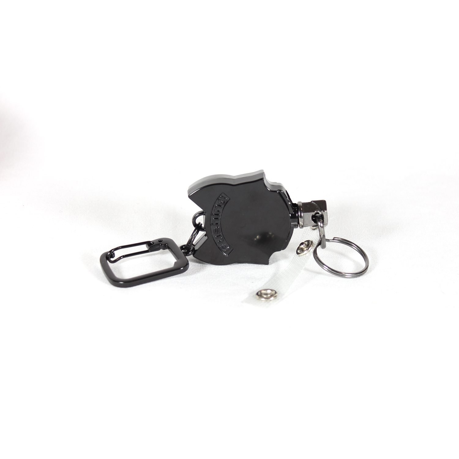 A heavy-duty retractable badge holder with a belt clip and keyring, shown attached to a fishing vest, highlighting its compact reel and durable construction.