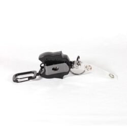 A heavy-duty retractable badge holder with a belt clip and keyring, shown attached to a fishing vest, highlighting its compact reel and durable construction.
