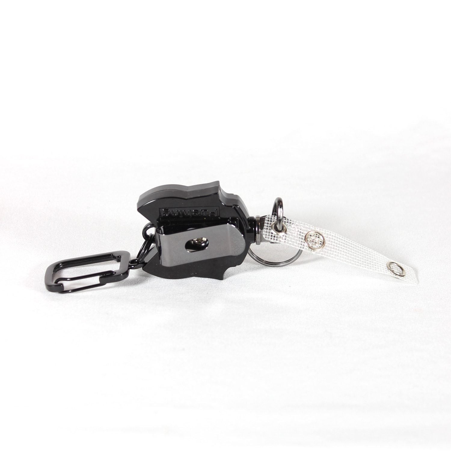 A heavy-duty retractable badge holder with a belt clip and keyring, shown attached to a fishing vest, highlighting its compact reel and durable construction.