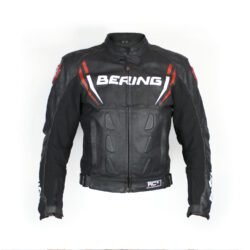 A used black Bering Sting-R men's racing leather jacket in size M. In very good condition with minor scratches, it features Level 1 track protectors at the elbows, shoulders, neck, and back, a removable thermal liner, and a short connection zipper for pants.