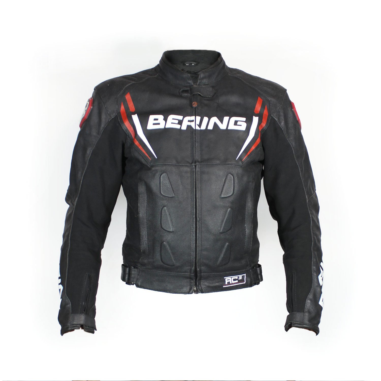 A used black Bering Sting-R men's racing leather jacket in size M. In very good condition with minor scratches, it features Level 1 track protectors at the elbows, shoulders, neck, and back, a removable thermal liner, and a short connection zipper for pants.