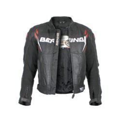 A used black Bering Sting-R men's racing leather jacket in size M. In very good condition with minor scratches, it features Level 1 track protectors at the elbows, shoulders, neck, and back, a removable thermal liner, and a short connection zipper for pants.