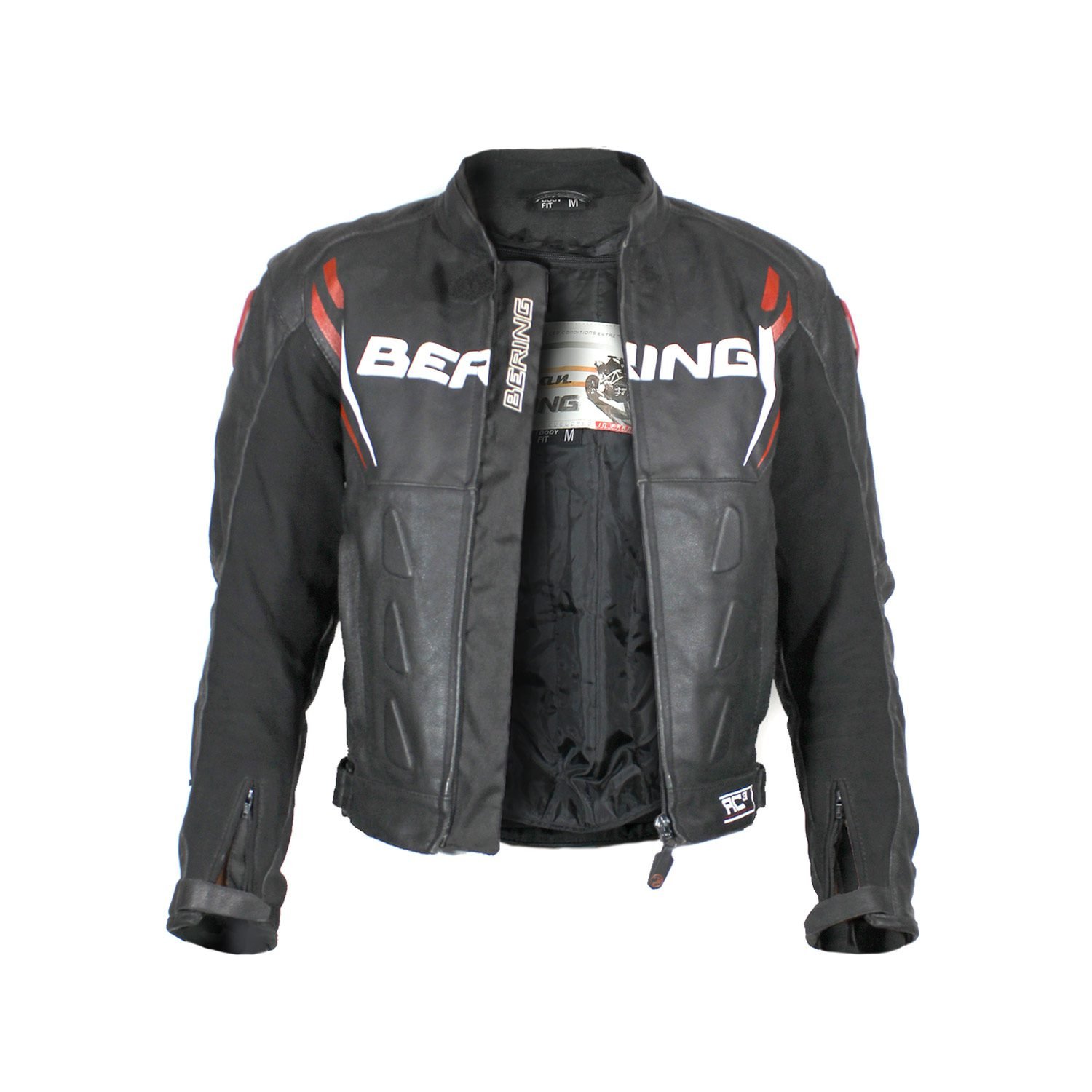 A used black Bering Sting-R men's racing leather jacket in size M. In very good condition with minor scratches, it features Level 1 track protectors at the elbows, shoulders, neck, and back, a removable thermal liner, and a short connection zipper for pants.