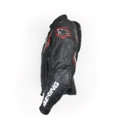 A used black Bering Sting-R men's racing leather jacket in size M. In very good condition with minor scratches, it features Level 1 track protectors at the elbows, shoulders, neck, and back, a removable thermal liner, and a short connection zipper for pants.