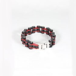 A heavy stainless steel men's motorcycle chain bracelet in silver, showcasing detailed bike chain-style links and a high-polished finish, resting against a dark background to highlight its rugged and masculine design