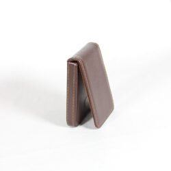 A brown PU leather ID card holder, shown open to display multiple card slots, against a neutral background to highlight its sleek and functional design.