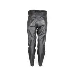 A pair of used black Café-Racer style leather pants, size 56 XXL. The pants are in very good condition with minor use marks and feature a stretch waist, knee and hip padding, and a zipper to connect to a jacket.