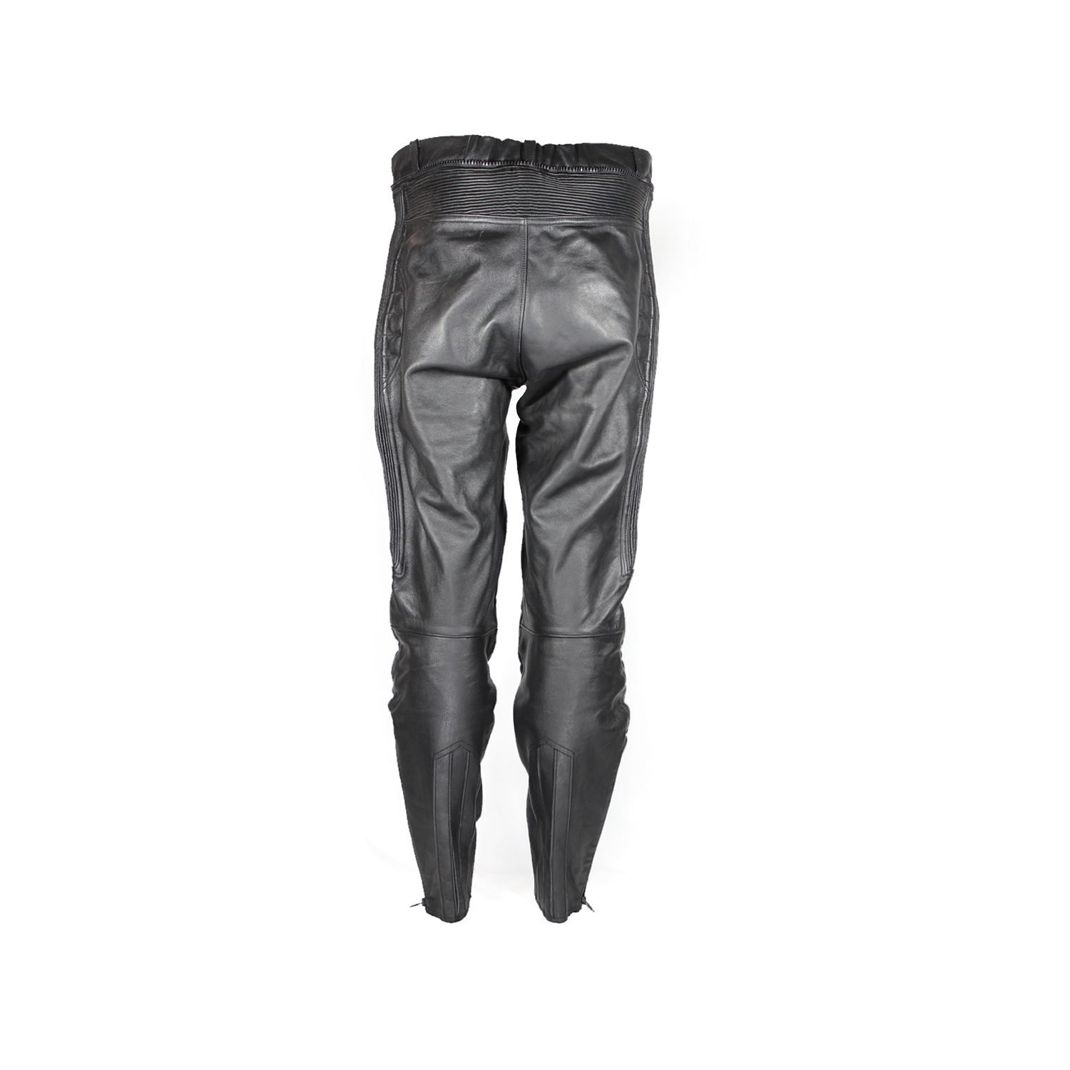 A pair of used black Café-Racer style leather pants, size 56 XXL. The pants are in very good condition with minor use marks and feature a stretch waist, knee and hip padding, and a zipper to connect to a jacket.