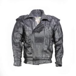 A used black Cockpit leather jacket in a vintage style, size 50/M. In fair condition, it has minor scratches and a characterful, naturally wrinkled appearance from use. It features a short connection zipper for pants and has no built-in protectors.