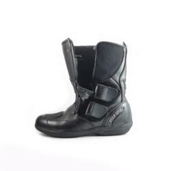 Used Cycle Spirit black leather touring boots with heel, toe, shin, and ankle protection, featuring a Drygate waterproof membrane and showing minor wear marks.