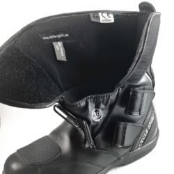 Used Cycle Spirit black leather touring boots with heel, toe, shin, and ankle protection, featuring a Drygate waterproof membrane and showing minor wear marks.