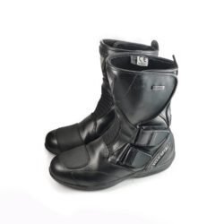 Used Cycle Spirit black leather touring boots with heel, toe, shin, and ankle protection, featuring a Drygate waterproof membrane and showing minor wear marks.