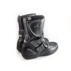 Used Cycle Spirit black leather touring boots with heel, toe, shin, and ankle protection, featuring a Drygate waterproof membrane and showing minor wear marks.