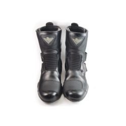 Used Cycle Spirit black leather touring boots with heel, toe, shin, and ankle protection, featuring a Drygate waterproof membrane and showing minor wear marks.
