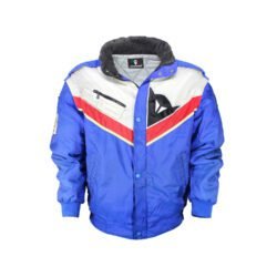 A used blue and crème Dainese Eddie Lawson vintage textile jacket in size 54. In very good condition with minor wear and small spots, it features a classic old-school design with removable sleeves and a hidden large pocket.