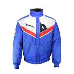 A used blue and crème Dainese Eddie Lawson vintage textile jacket in size 54. In very good condition with minor wear and small spots, it features a classic old-school design with removable sleeves and a hidden large pocket.