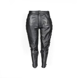 Used Damen Leathers black vintage leather pants with an adjustable leg string for fit, showing minor scratches and wrinkles from age.