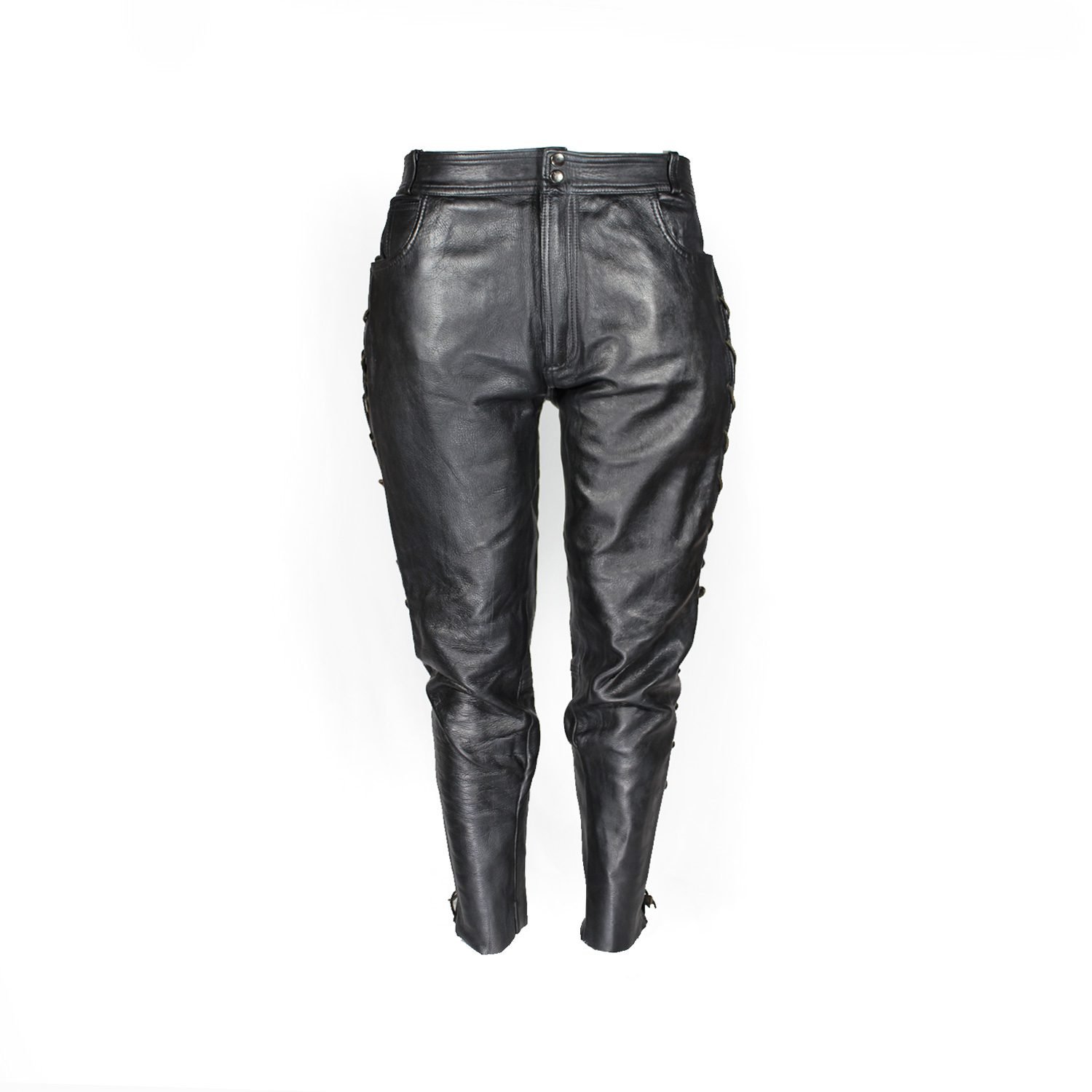 Used Damen Leathers black vintage leather pants with an adjustable leg string for fit, showing minor scratches and wrinkles from age.
