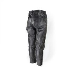 Used Damen Leathers black vintage leather pants with an adjustable leg string for fit, showing minor scratches and wrinkles from age.