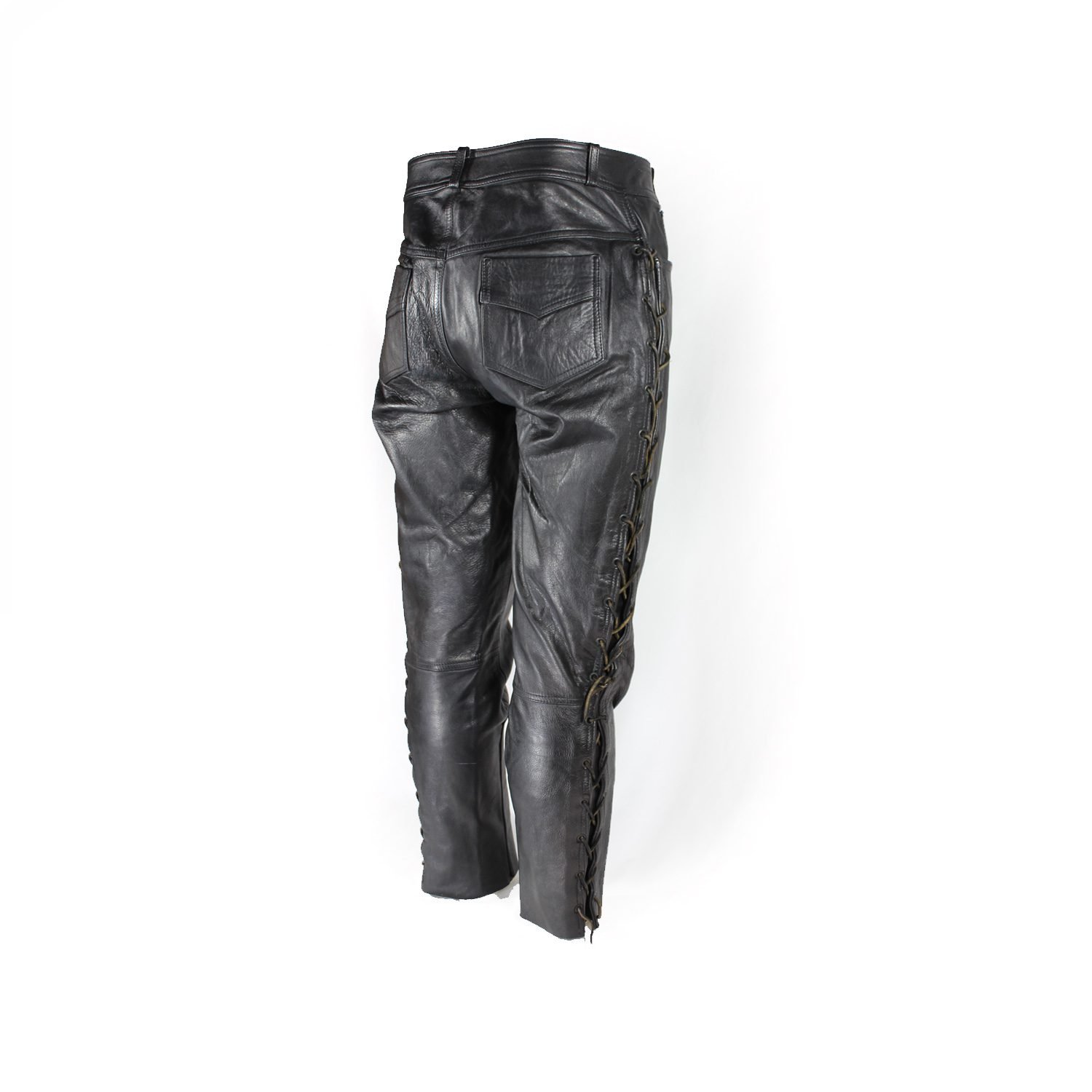 Used Damen Leathers black vintage leather pants with an adjustable leg string for fit, showing minor scratches and wrinkles from age.
