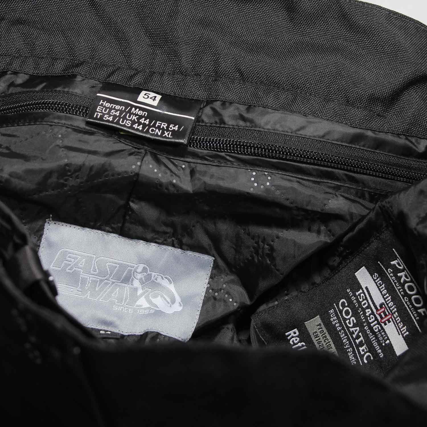 A pair of used black Fastway Season textile motorcycle pants in size 54 XL, in like-new condition. Designed for street and touring, they feature a breathable, windproof, and water-repellent membrane, adjustable waist and hem, thigh vents, and protection at the knees and shins. Includes a short zipper to connect to a jacket