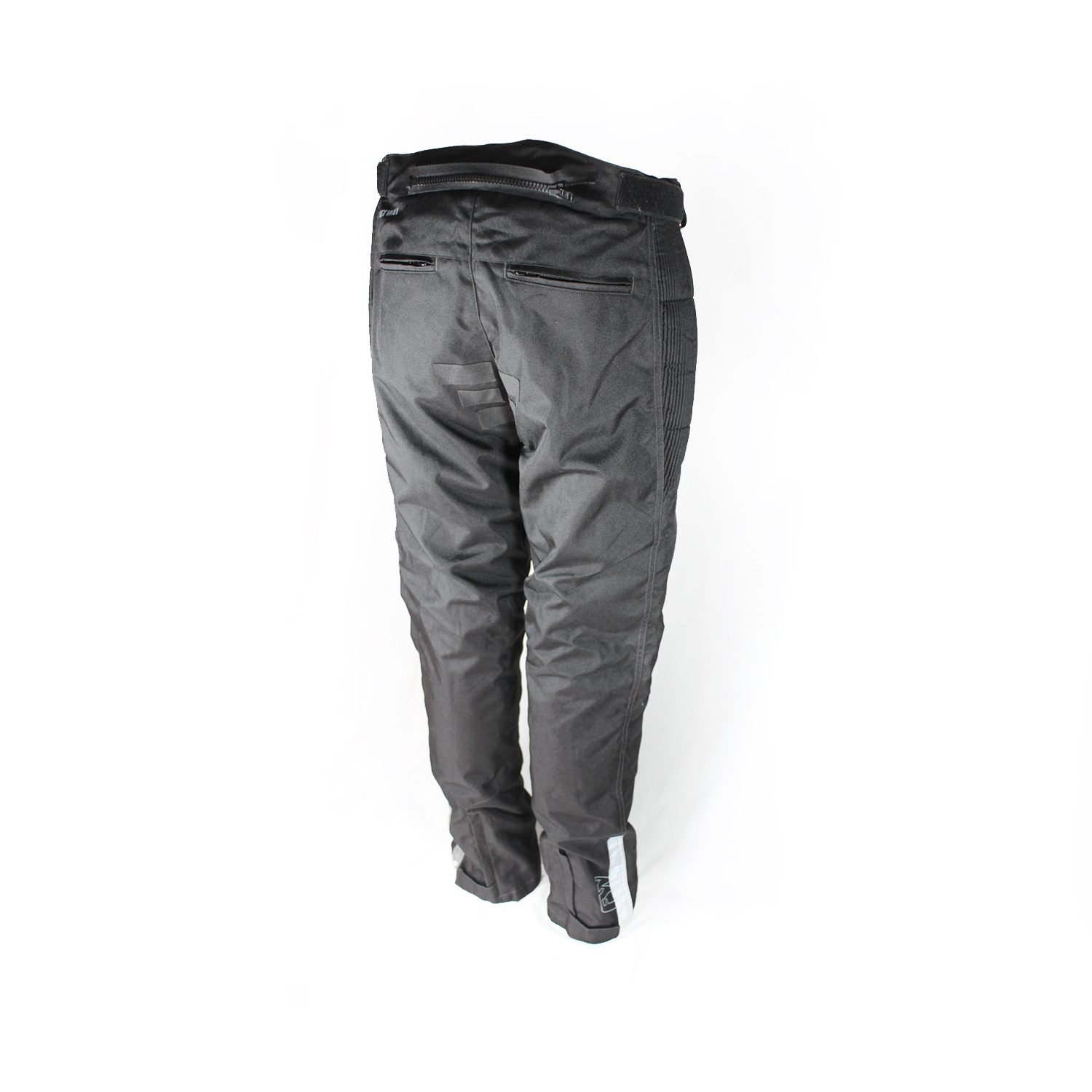 A pair of used black Fastway Season textile motorcycle pants in size 54 XL, in like-new condition. Designed for street and touring, they feature a breathable, windproof, and water-repellent membrane, adjustable waist and hem, thigh vents, and protection at the knees and shins. Includes a short zipper to connect to a jacket