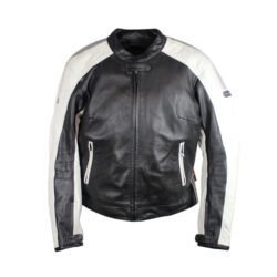 A used black and white Hein Gericke leather jacket in a women's Café-Racer style, size 44. In good condition with minor scratches, it features protection at the elbows, shoulders, and back, reflective elements, a full-length connection zipper, and a design intended to be waterproof.