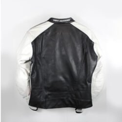 A used black and white Hein Gericke leather jacket in a women's Café-Racer style, size 44. In good condition with minor scratches, it features protection at the elbows, shoulders, and back, reflective elements, a full-length connection zipper, and a design intended to be waterproof.