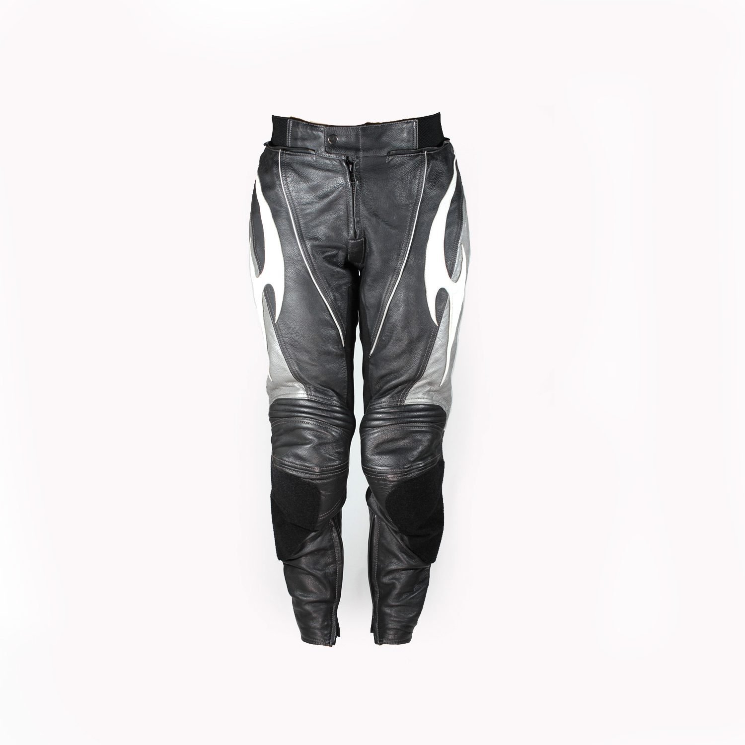 A pair of used black and grey Hein Gericke racing leather pants in size 48. In fairly good condition with minor scratches, they feature foam protection at the knees and hips, a full-length zipper for a jacket, and Velcro pads for knee sliders.