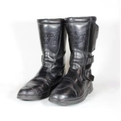 Black leather touring adventure motorcycle boots, size 42, showing small scratches and a light bend on the toe protection