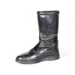Black leather touring adventure motorcycle boots, size 42, showing small scratches and a light bend on the toe protection