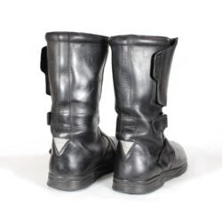 Black leather touring adventure motorcycle boots, size 42, showing small scratches and a light bend on the toe protection