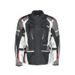 A used black and grey Held touring textile jacket in size M. In fair condition with minor fading and spots, it features CE Level 1 protectors at the elbows and shoulders, a removable thermal liner, ventilation zippers, and is designed to be waterproof and breathable.