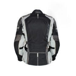 A used black and grey Held touring textile jacket in size M. In fair condition with minor fading and spots, it features CE Level 1 protectors at the elbows and shoulders, a removable thermal liner, ventilation zippers, and is designed to be waterproof and breathable.