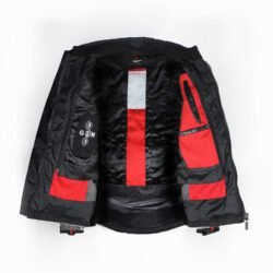 A used black and grey Held touring textile jacket in size M. In fair condition with minor fading and spots, it features CE Level 1 protectors at the elbows and shoulders, a removable thermal liner, ventilation zippers, and is designed to be waterproof and breathable.