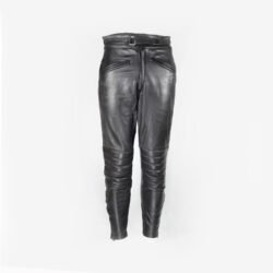 A pair of black Imatra Vintage leather motorcycle pants in size 50 M, designed in a Café Racer style. They are in good condition with minor use marks and feature a stretch waist and thighs for comfort, soft foam knee protection, two front pockets, and a short zipper to connect to a jacket.