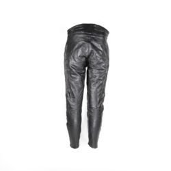 A pair of black Imatra Vintage leather motorcycle pants in size 50 M, designed in a Café Racer style. They are in good condition with minor use marks and feature a stretch waist and thighs for comfort, soft foam knee protection, two front pockets, and a short zipper to connect to a jacket.