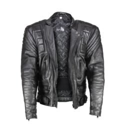 A used black Krawehl Leder vintage leather jacket in size 56. In good condition with minor scratches and a naturally wrinkled patina, it features reinforced leather panels on the elbows, shoulders, chest, and lower back, plus a short connection zipper for pants.