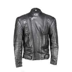 A used black Krawehl Leder vintage leather jacket in size 56. In good condition with minor scratches and a naturally wrinkled patina, it features reinforced leather panels on the elbows, shoulders, chest, and lower back, plus a short connection zipper for pants.