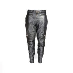 A pair of pre-owned black leather motorcycle trousers in a cafe-racer style, size 44. Condition is good with minor age-related wear including potential elastic weakening and light scratching on the reflective safety stripes. No protectors included