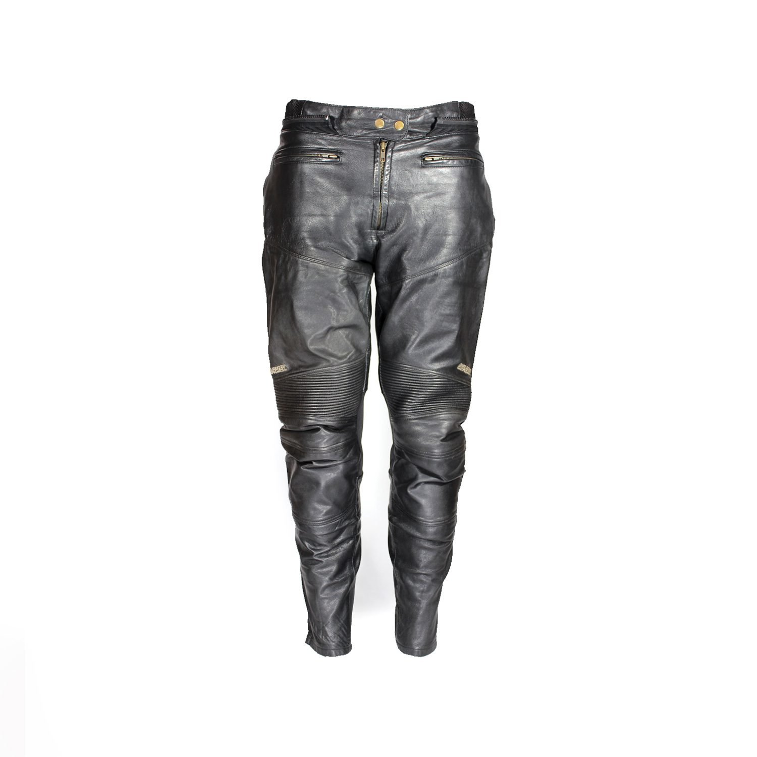 A pair of pre-owned black leather motorcycle trousers in a cafe-racer style, size 44. Condition is good with minor age-related wear including potential elastic weakening and light scratching on the reflective safety stripes. No protectors included