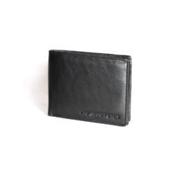 A black vintage leather men’s wallet open to show multiple card slots, a clear ID window, bill compartments, and a snap-button coin pocket, highlighting its RFID protection and classic bifold design
