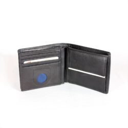 A black vintage leather men’s wallet open to show multiple card slots, a clear ID window, bill compartments, and a snap-button coin pocket, highlighting its RFID protection and classic bifold design