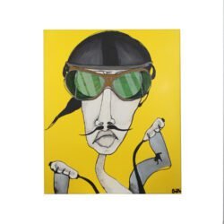 Original acrylic painting of a funny caricature portrait of a motorcycle rider on a yellow background, by artist Bibi
