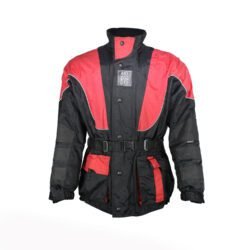 A used black and red Polo-Tex Road winter touring jacket in size M. In fair condition with wear marks, it is a waterproof textile jacket designed for cold weather, featuring reflector stripes, adjustable fit, and pockets for optional shoulder, elbow, and back protectors.