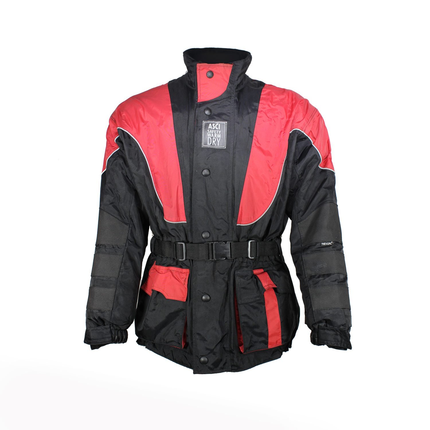 A used black and red Polo-Tex Road winter touring jacket in size M. In fair condition with wear marks, it is a waterproof textile jacket designed for cold weather, featuring reflector stripes, adjustable fit, and pockets for optional shoulder, elbow, and back protectors.